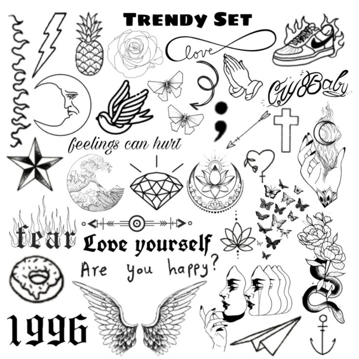 an assortment of tattoos and symbols on a white background with the words trendy set