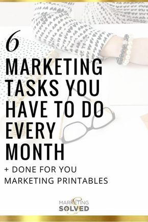 a woman sitting at a desk with her laptop and pen in her hand text reads 6 marketing tasks you have to do every month