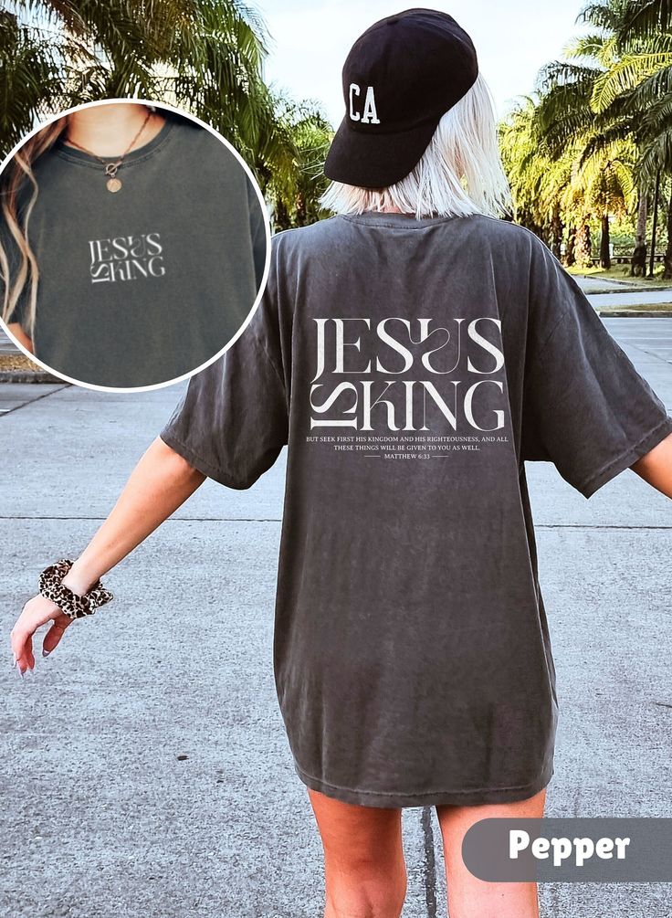 Introducing the Bible Verse T-shirt Jesus is King, a must-have for anyone seeking to spread the message of faith in style! This Comfort Colors Christian Shirt Crewneck makes the perfect Christian Gift for friends, family, or yourself. Runs true to size but size up if you would like a more oversized fit. Please check photo cards for detailed size guide. Comfort Colors®1717 is a made 100% with US cotton for long-lasting comfort. The soft-washed, garment-dyed fabric brings extra coziness to your wardrobe while the relaxed fit makes it an excellent daily choice.  Our designs are printed using the highest quality professional direct-to-garment (DTG) process, meaning fabric-grade ink is printed directly onto the garment and seamlessly blends with the fibres. This method enables us to achieve a v Aesthetic Christian T Shirts, T Shirt Jesus Christ, Vintage Christian Tshirt, Christian Gift Shop, Y’all Need Jesus Shirt, Jesus T Shirts Graphic Tees, Christian Shirts Designs, Church Shirt, King Tshirt