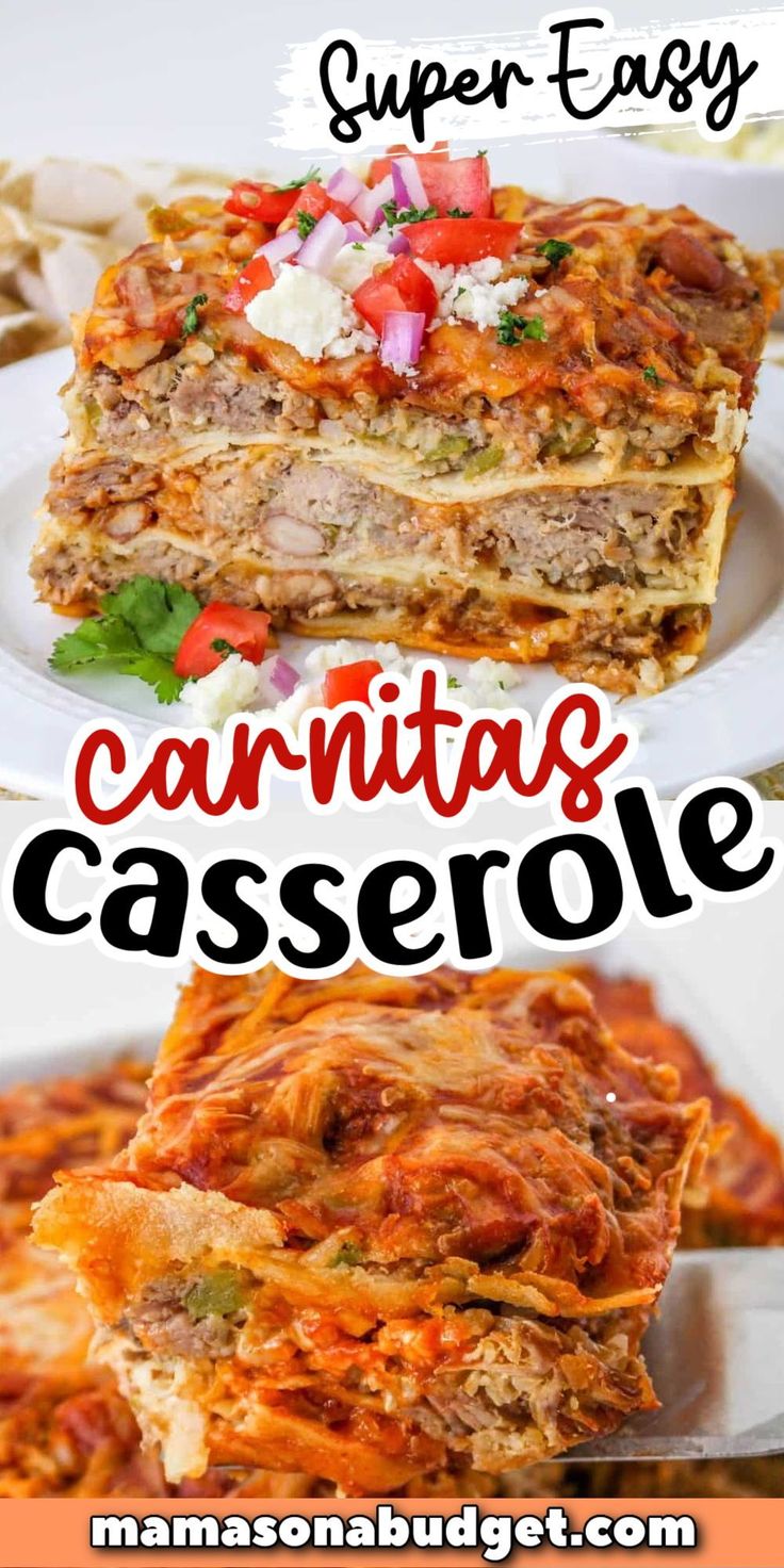 an image of lasagna casserole on a plate with text overlay