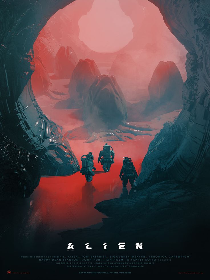 an alien movie poster with two men walking through a cave