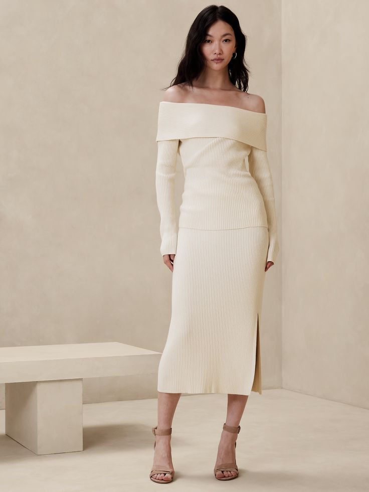 Off-Shoulder Sweater | Banana Republic Factory Christmas Style Outfit, Wedding Shower Outfit, Off The Shoulder Top Outfit, Midi Sweater Skirt, Dressy Sweaters, White Sweater Dress, Bridal Shower Outfit, Christmas Outfits Women, White Long Sleeve Dress