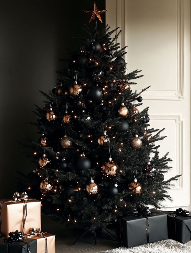 a black and gold christmas tree with presents under it