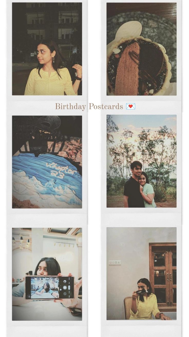 four different polaroid photos with people in the background and one woman holding a baby