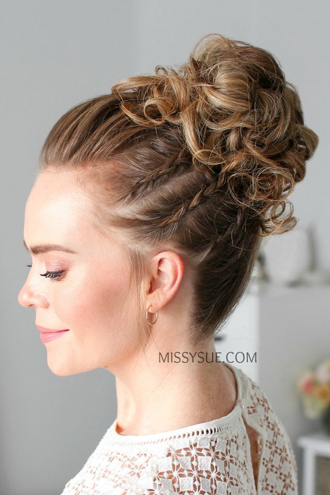 Braided Curly Updo, Trendy Bun, Cute Bun Hairstyles, Easy Trendy Hairstyles, High Updo, Missy Sue, Curly Prom Hair, Side Braids, Long Hair Ponytail