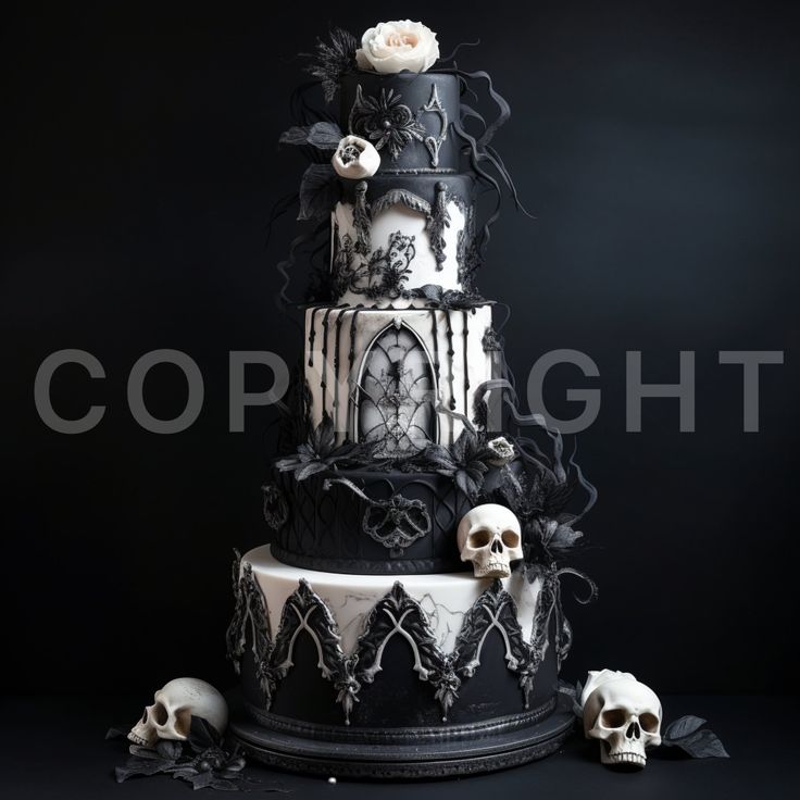 a black and white wedding cake with skulls on it