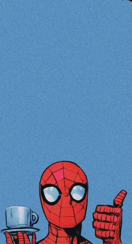 a spider man holding a cup and pointing to the sky with his finger up in front of him