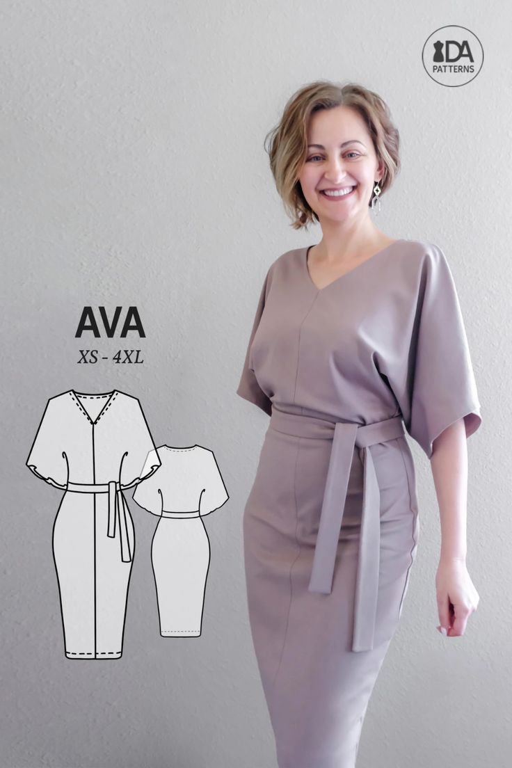 AVA Fitted Dress PDF Digital Sewing Pattern for Women sizes XS - 4XL. This Ava dress is a comfortable display of elegance and class. Able to be dressed up and down, this statement-sleeved dress hugs your curves and shows off your figure. Fitted Midi Dress With Kimono Sleeves, Elegant Fitted Dress With Kimono Sleeves, Patterns For Dresses, Stylish Sewing Patterns, Wrap Dress Sewing Patterns, Wedding Outfits For Women, Look Jean, Robes Vintage, Modest Dresses Casual