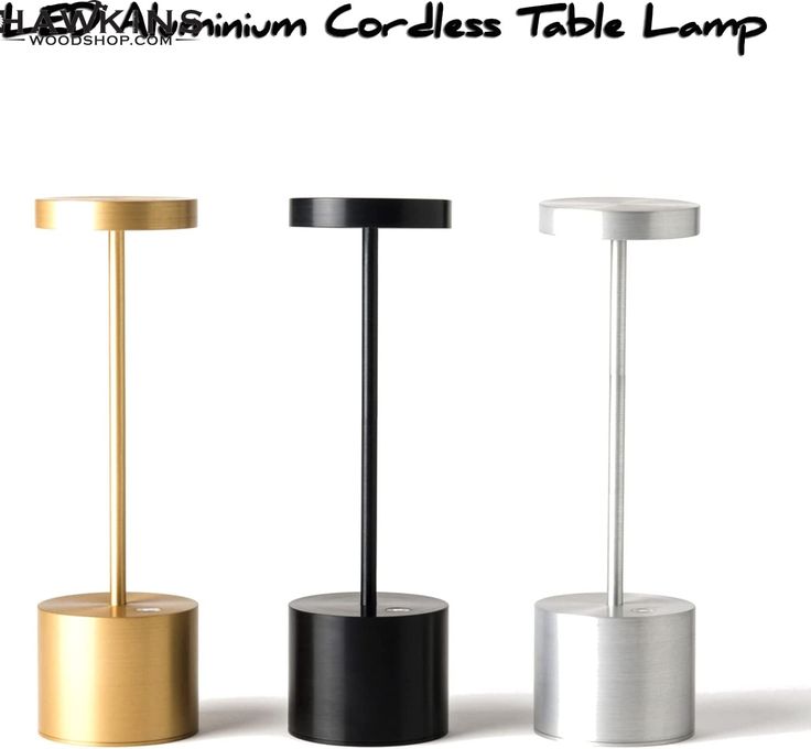 three different types of table lamps in various colors and sizes, one is black, the other is gold