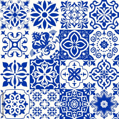 blue and white patterns on a white background