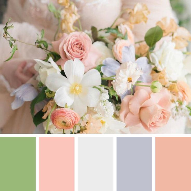 a bride holding a bouquet of flowers in her hands with color swatches on the bottom