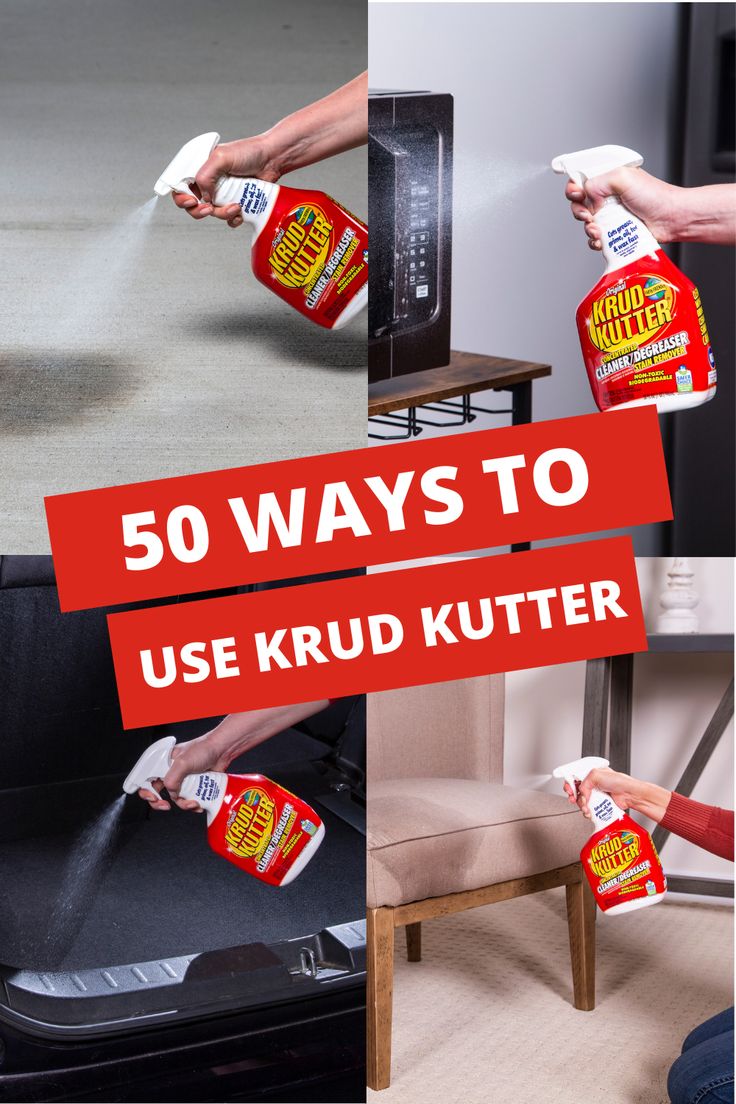 several images showing how to use krud kutter cleaner on the floor and in front of a microwave