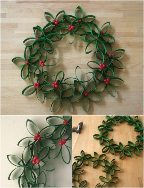 three pictures showing how to make an origami wreath with red berries and green leaves