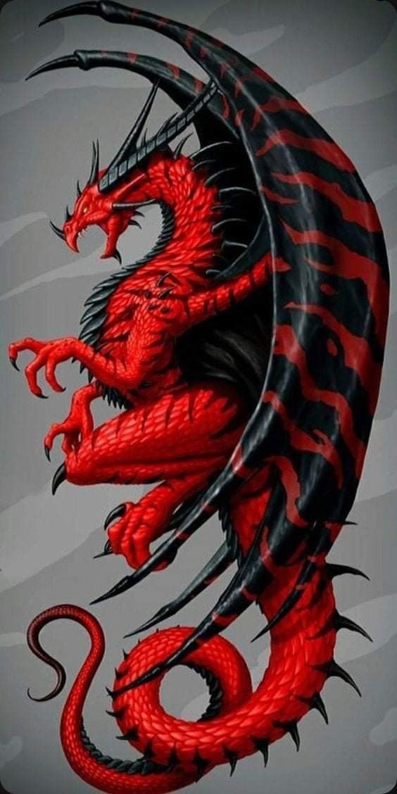 a red and black dragon on a gray background