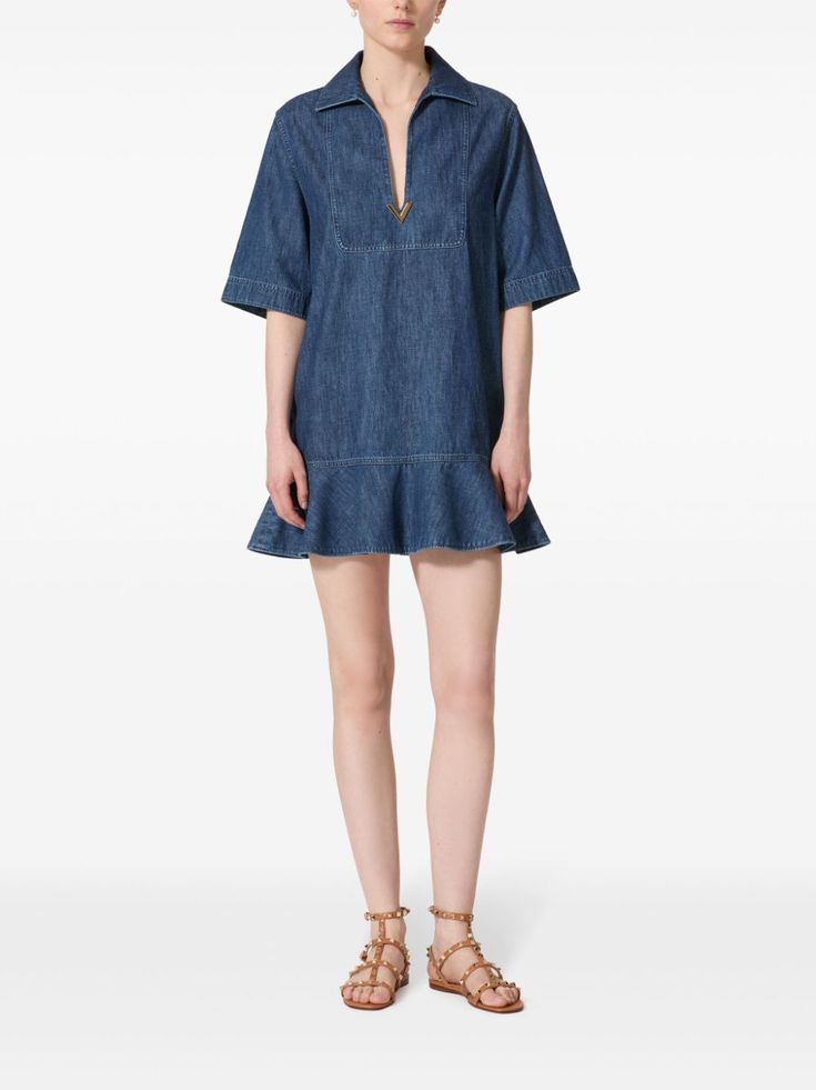 Valentino Garavani Peplum Denim Dress - Farfetch City Dress, Peplum Hem, Summer Beach Wear, Ballet Flat Shoes, Lady Dior, Dress Blue, Valentino Garavani, Jacket Tops, Drop Shoulder