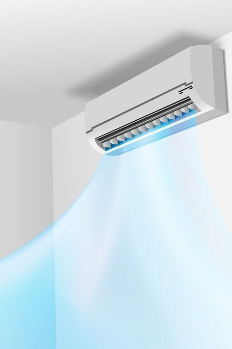 an air conditioner hanging from the ceiling in front of a blue wave design background