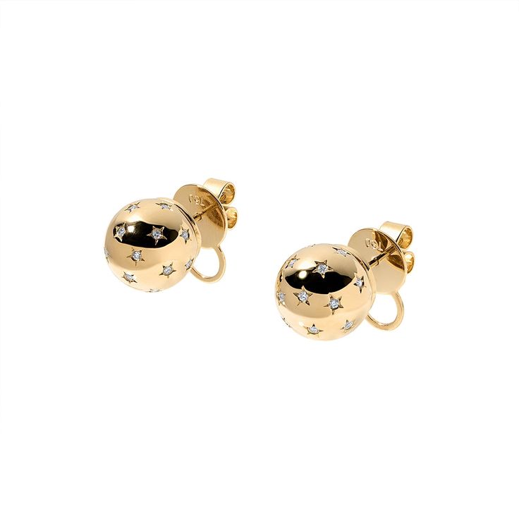 Beautiful Ball earrings in 18k gold with diamonds. Our Lucky Stars Collection features 18 diamond stars on every piece *In Judaism, 18 is the number for "chai", the Hebrew word for life. Giving in multiples of 18 symbolizes giving the gift of "life" or luck. Celestial Diamond Earrings As Gift, Gold Celestial Earrings With Diamond Accents, Gift Yellow Gold Diamond Earrings With Polished Finish, Celestial Gold Earrings With Diamond Accents, Yellow Gold Polished Diamond Earrings For Gift, Gold Diamond Earrings With Polished Finish Gift, Yellow Gold Diamond Earrings For Gift, Yellow Gold Diamond Earrings As Gift, Celestial Yellow Gold Earrings With Diamond Accents