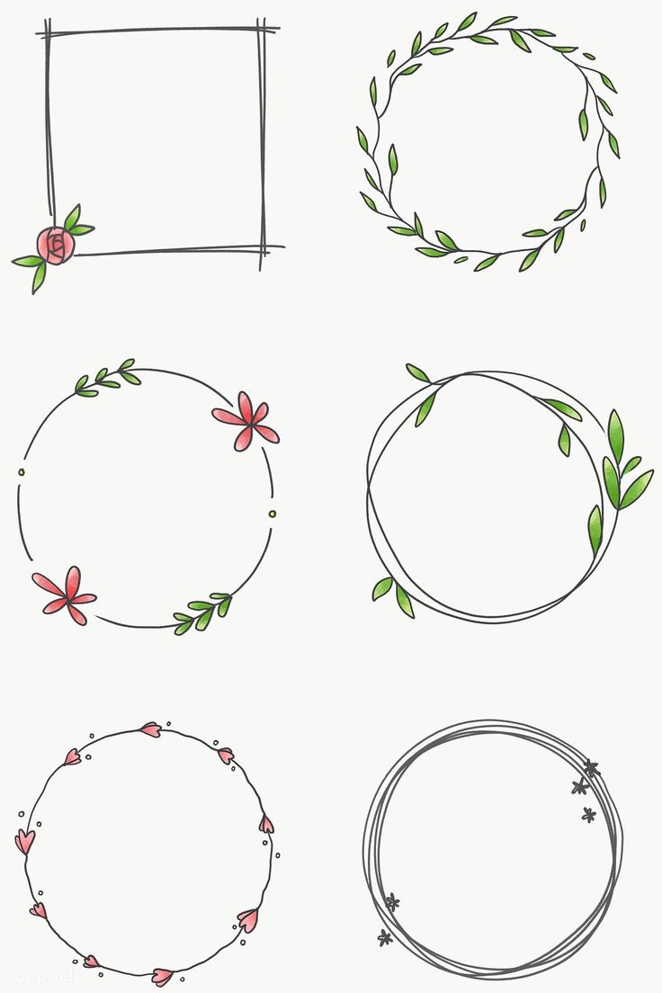 four hand drawn frames with flowers and leaves on the edges, all in different shapes