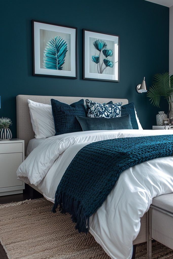 a bedroom with teal walls and white bedding