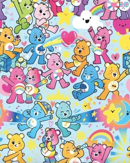 a group of teddy bears with hearts and rainbows on a blue background that is very colorful