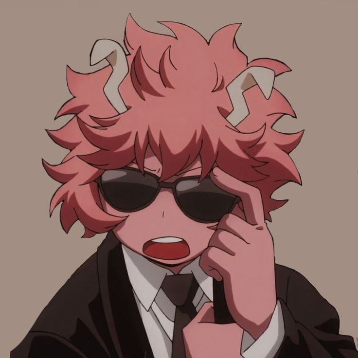 an anime character with pink hair and glasses in front of other characters wearing black suits