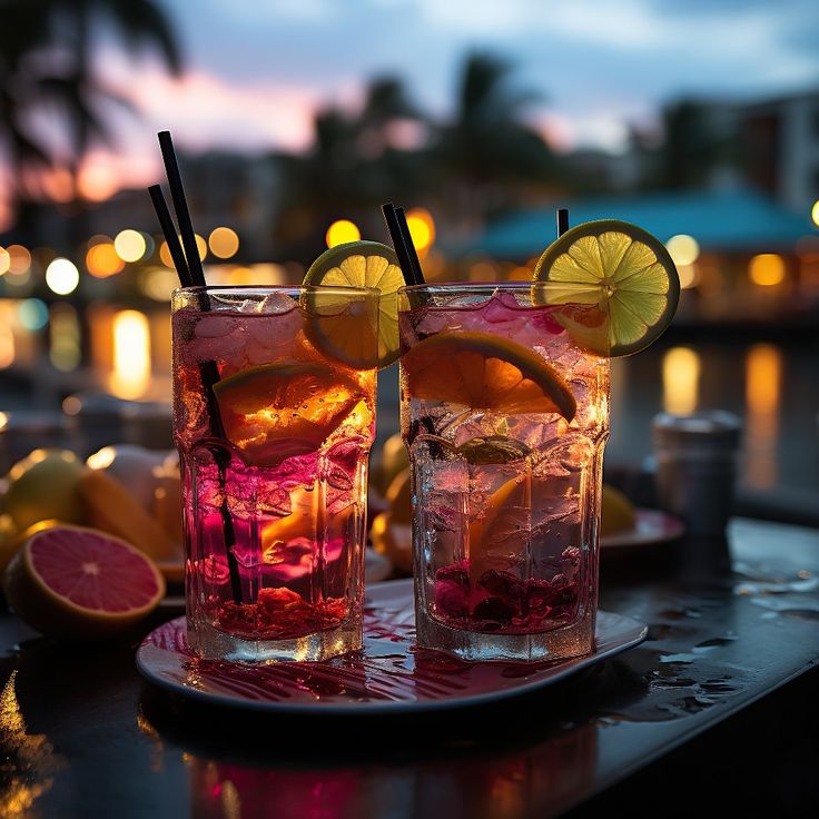 two glasses filled with drinks sitting on top of a table