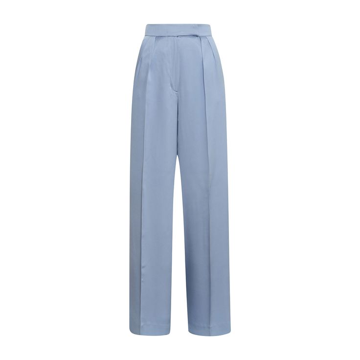 A harmonious blend between comfort and sophistication, our Skye Silk Wide-Leg Pants redefine elegance with every step. Impeccably tailored from blue double silk satin, they present a flattering high-waist with expertly placed darts and a wide-leg cut with a pressed crease detail which visually elongates the silhouette. The concealed zipper and hook fastening in the front ensures ease of wear and a seamless finish.  Match: Complete the look with the Skye Silk Camisole.  Each Il Volo item is handmade by skilfull artisans in our Bucharest atelier and it is created in limited series. 100% Italian Double Silk Satin.  Gentle dry clean. Do not wash. Do not use chlorine based bleach. Do not tumble dry. Cool iron, max 110 C.  Made in EU. Blue Satin Bottoms For Formal Occasions, Elegant High-waisted Satin Bottoms, Luxury Satin Pants For Workwear, Luxury Satin Pants For Work, Formal Blue Satin Bottoms, Silk Wide-leg Pants For Work, High-waisted Silk Wide Leg Pants For Work, Satin Pants For Workwear, Tailored Satin Pants For Workwear