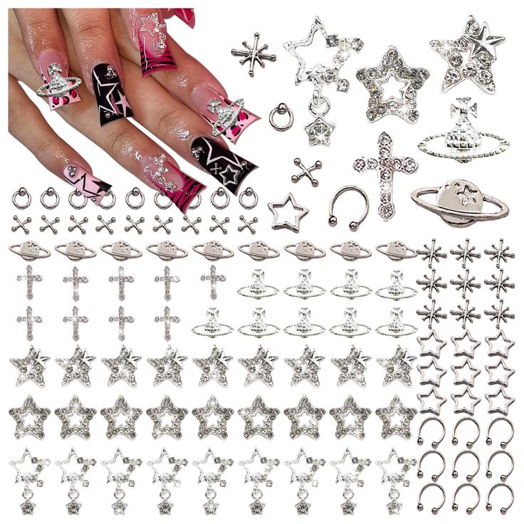 PRICES MAY VARY. ✔️What You Get：You will get 110PCS silver nail charms.Sufficient quantity and rich styles can meet your various needs in DIY nail art or any other handmade projects.BBATT-HAPPY ✔️Rich Styles and High Quality : These nail charms include 11 styles including stars, planets, crosses, punks, etc.The nail charms are made of high quality alloy and rhinestones, silver nail charms grain clarity, not easy to fade. You can apply these sparkling nail charms to decorate your nails.BBATT-HAPPY ✔️Easy to Use ： You just need to cleaning the surface of the nail, applying a primer, then putting charms on the nail, finally applying a layer of primer to prevent it from falling off, you will get a shiny manicure.BBATT-HAPPY ✔️Wide application: The nail charms not only can be used for 3D Nail A Nail Stones, Planet Nails, Silver Nail Art, Star Nail, Nails Silver, Nail Jewels, Manicure Diy, Y2k Nails, Diy Rhinestone