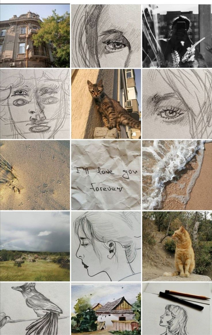 a collage of photos with various drawings and words