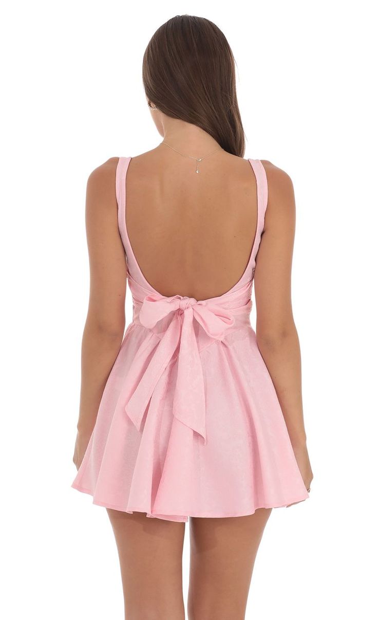 Jacquard Open Back Bow Dress in Pink | LUCY IN THE SKY Lucy In The Sky Pink Dress, Pink Formal Dresses Short, Purple Hoco Dress, Unique Hoco Dresses, Recruitment Dresses, Back Bow Dress, Cute Formal Dresses, School Dance Dresses, Lover Dress