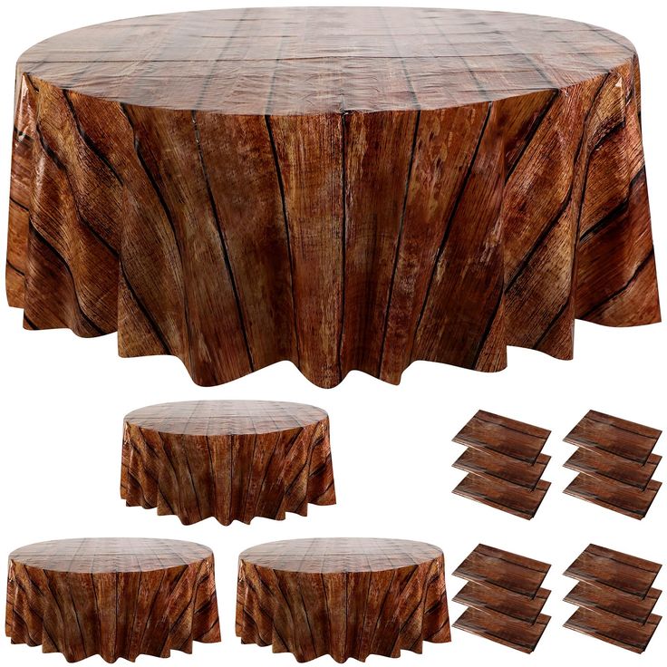 a wooden table with several pieces of wood on top and four tables around it, all made out of logs