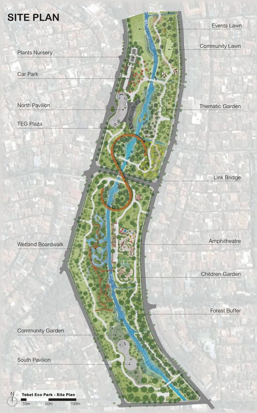 the site plan for an urban park, including a river and lots of green space