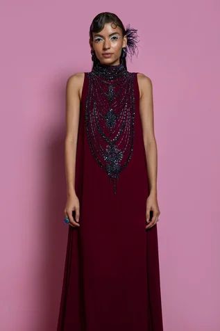 Shop for Mala and Kinnary Maroon Georgette Beetroot Embroidered Tent Gown for Women Online at Aza Fashions Maroon Crystal, Maroon Gowns, Layered Gown, Gown For Women, Luxury Sale, High Neck Sleeveless, Ladies Gown, Gowns Online, Types Of Work