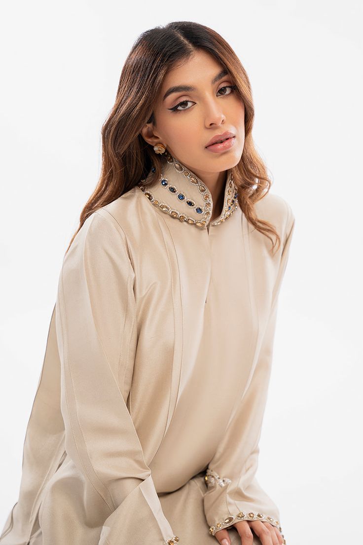 Alaya Elegant Silk Kurta For Work, Elegant Silk Sets With Embroidered Neckline, Elegant Designer Beige Sets, Silk Kurta With Embroidered Neckline And Long Sleeves, Elegant Beige Silk Kurta, Elegant Party Sets With Embroidered Neckline, Elegant Embellished Kurta For Evening, Elegant Silk Kurta With Pearl Embroidery, Elegant Hand Embellished Long Sleeve Kurta