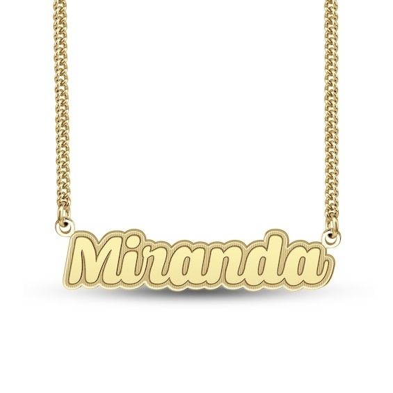 Gift her a sure-to-be-treasured fashion statement she'll want to wear with everything - this lovely personalized name necklace. Fashioned in your choice of sterling silver or sterling silver with 24K gold plate This design showcases her name - from three to nine characters in length with up to two uppercase letters - gleaming in a playful script font with shadow-like border. This name art suspends centered along a curb chain. The 20.0-inch necklace secures with a lobster claw clasp. Elegant Customizable Gold Plated Name Necklace, Classic Personalized Name Necklace, Elegant Customizable Gold Plated Necklaces, Classic Engraved Nameplate Necklace, Custom Name Gold Plated Necklace For Anniversary, Gold Plated Nameplate Necklace For Anniversary, Elegant Custom Name Nameplate Necklace, Elegant Custom Nameplate Name Necklace, Customized Yellow Gold Nameplate Jewelry