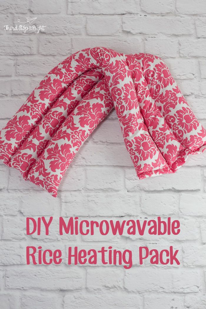 the diy microwaveable rice heating pack is hanging on a brick wall with text overlay