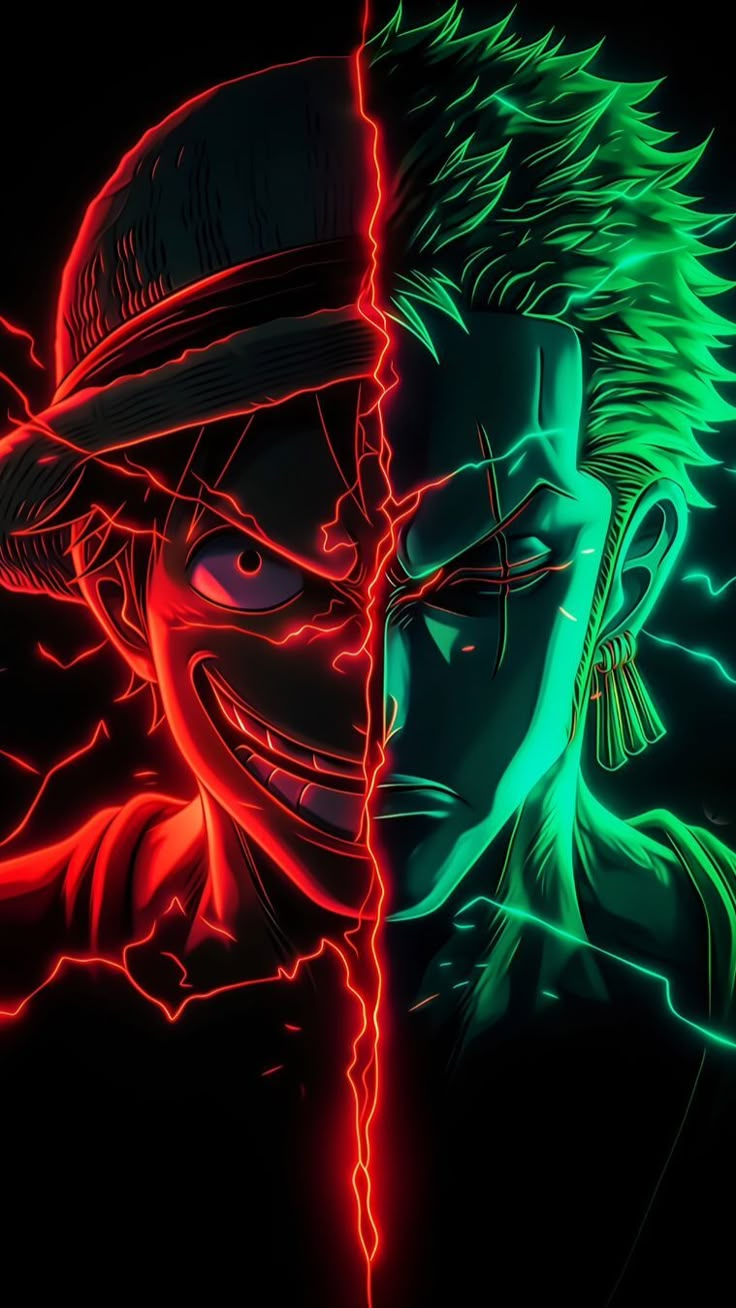 two anime characters one with green and red hair, the other in neon colors on black background