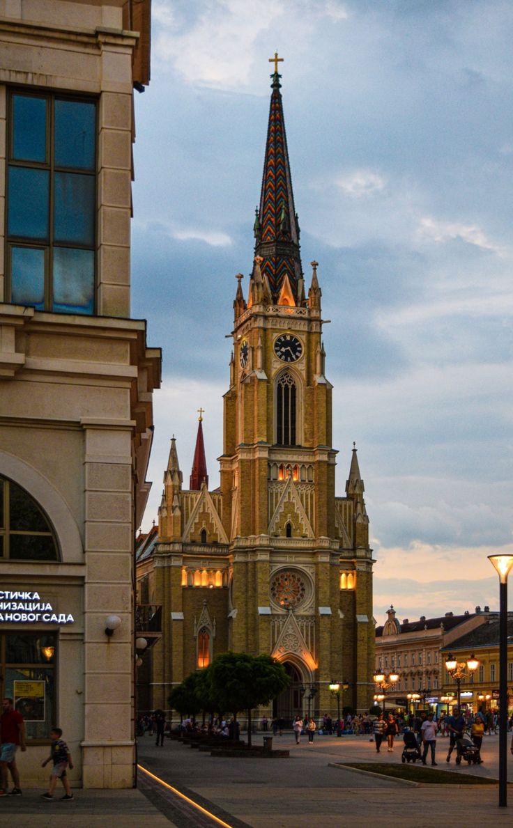 an old church is lit up at night