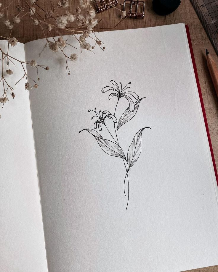 an open book with a drawing of flowers on it next to some pens and pencils