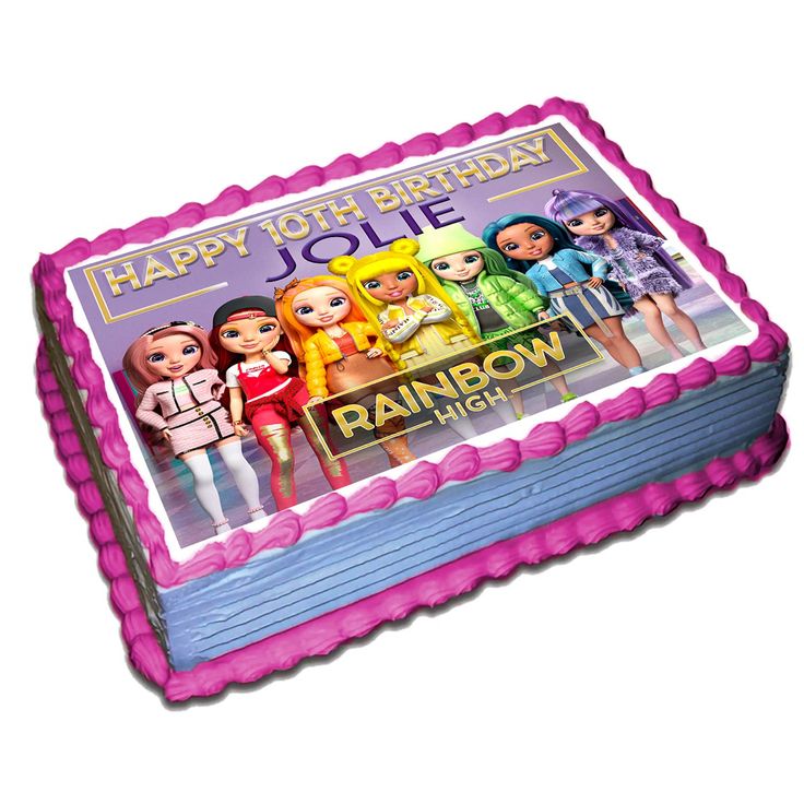 a birthday cake with the image of barbie and friends on it's frosting