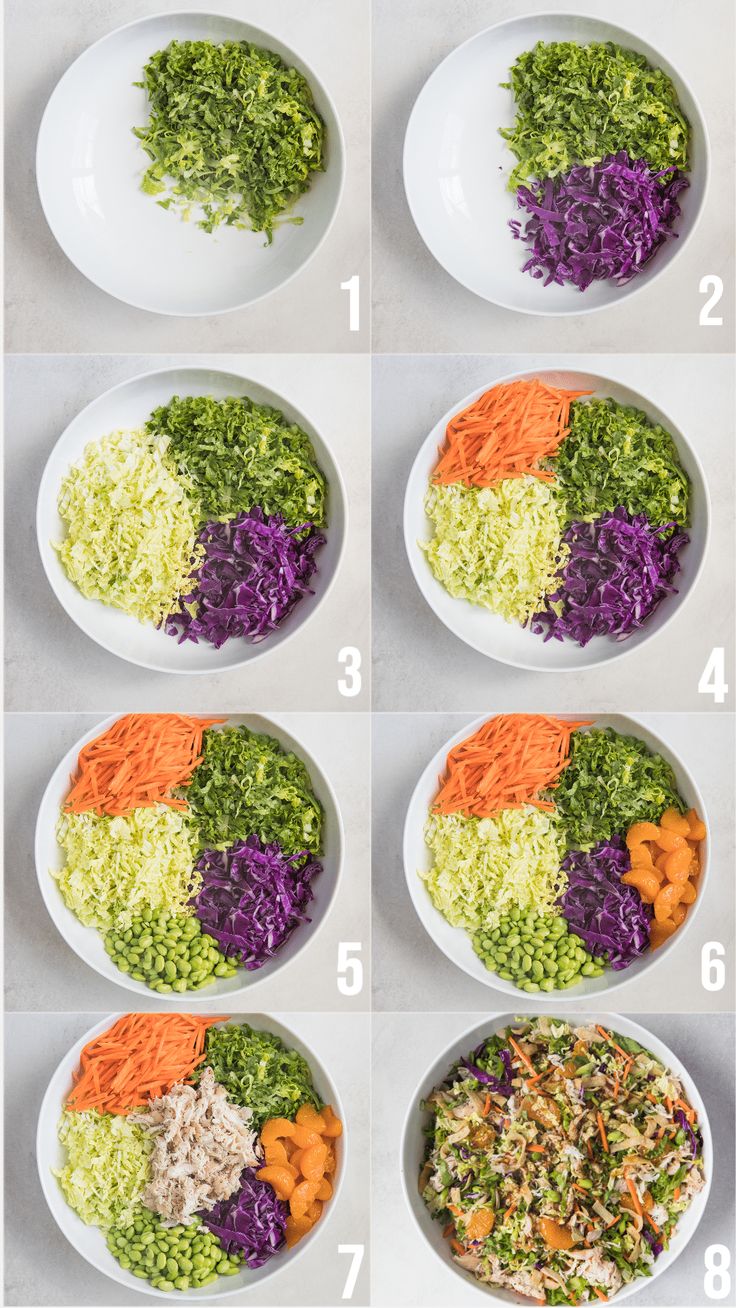 the steps in how to make a rainbow rice salad with carrots and broccoli