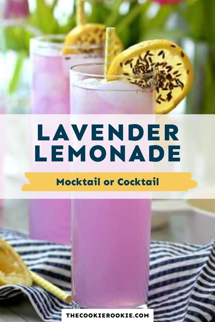 lavender lemonade cocktail in tall glasses with garnishes on the rim and text overlay that reads lavender lemonade cocktail