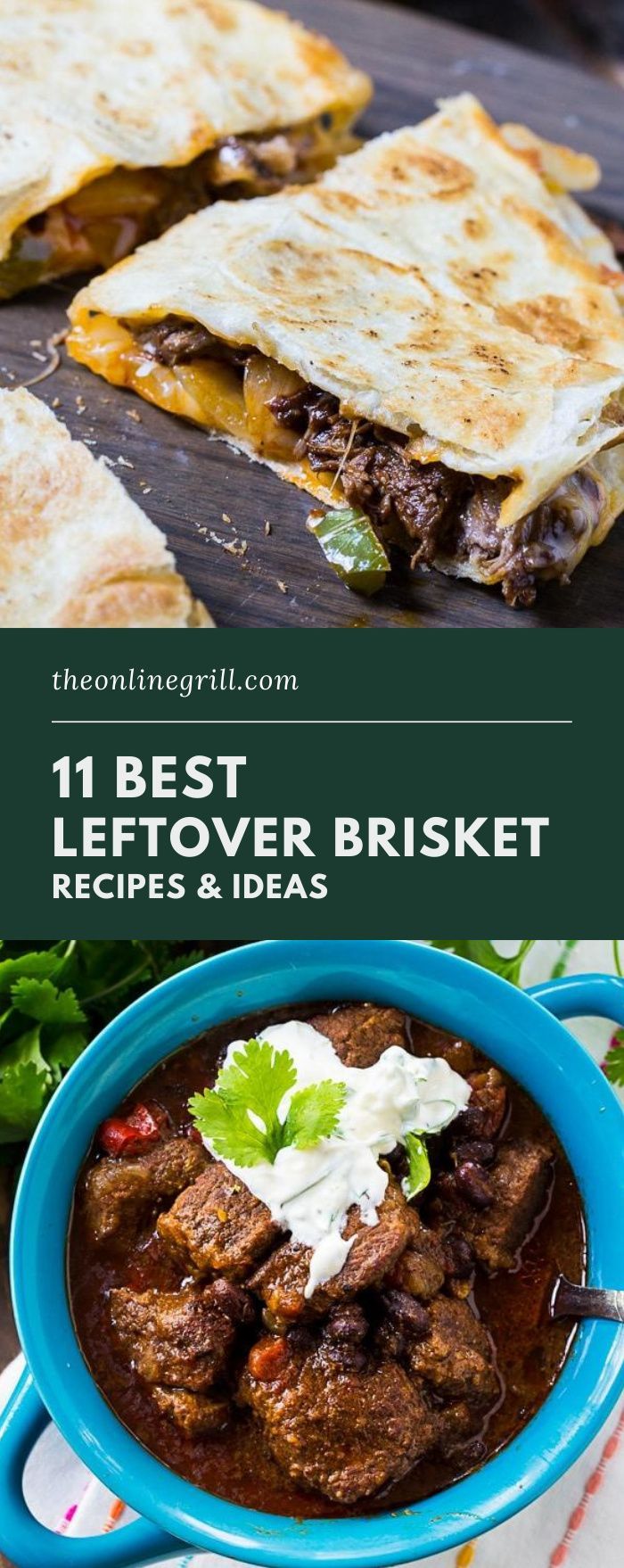 the best leftover brisket recipe is in this blue bowl with pita bread and sour cream on top