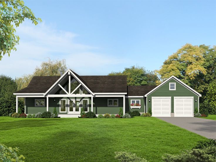 this is a computer rendering of these ranch style home plans for the front of the house