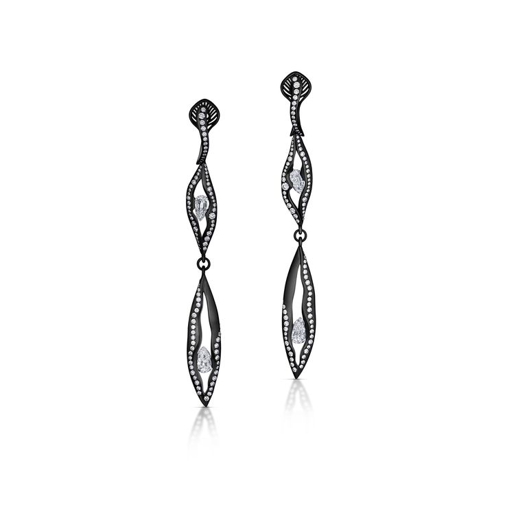 4.06 Carat Diamond and Titanium Dangle Earrings Elegant Black Diamond Drop Earrings, Black Diamond Drop Earrings, Earring Collection, Fall Jewelry, Pear Shaped Diamond, Contemporary Jewelry, Ear Jewelry, Boutique Jewelry, Jewelry Creation