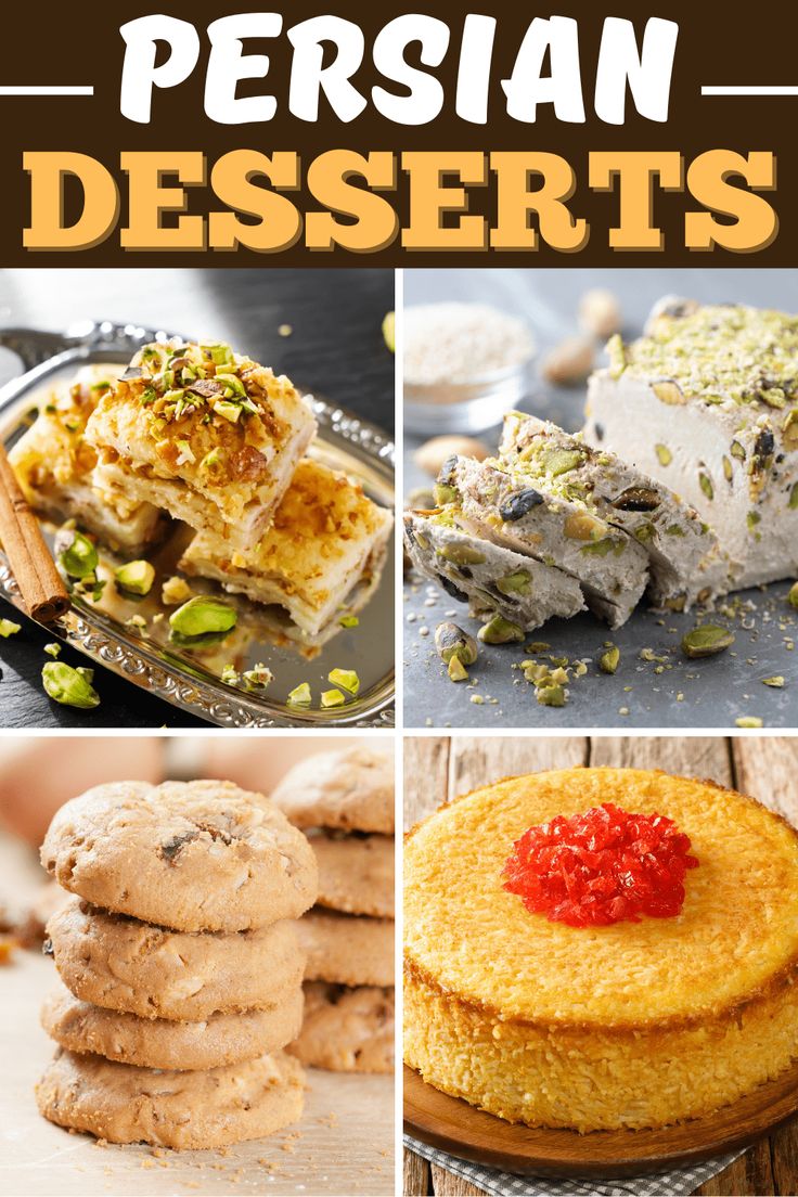 different desserts are shown in this collage with the words, persian desserts