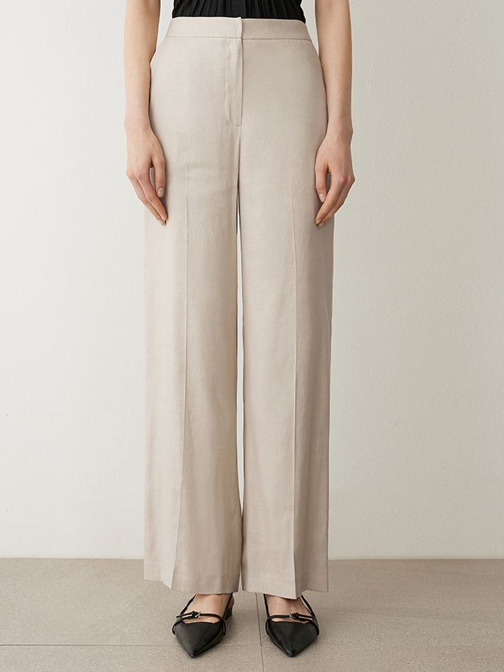 Editor's Notes These long wide-leg set-up pants are a timeless wardrobe. Crafted from a linen-blend fabric, these pants offer excellent breathability, perfect for warmer days.- Slight oversized fit- Faux back pockets- 3 colors available (Dark Navy / Light Beige / Oatmeal)* Colors may vary slightly depending on lighting conditions and monitor resolution.* All worn accessories are intended for styling purposes.Measurements(in.)Size (44/55/66/77)- Waist: 12.2 in. / 12.99 in. / 13.78 in. / Classic Summer Linen Wide Leg Pants, Linen Full-length Pants For Spring, Classic Full-length Linen Wide Leg Pants, Spring Neutral Linen Wide Leg Pants, Classic Full Length Linen Wide Leg Pants, Classic Full Length Wide Leg Linen Pants, Elegant Relaxed Fit Linen Pants, Elegant Linen Wide Leg Workwear Pants, Elegant Linen Bottoms With Relaxed Fit