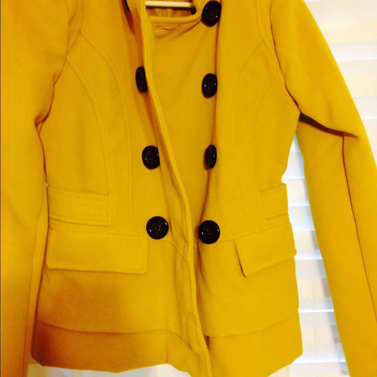 Mustard Yellow Pea Coat. Very Cute And Flattering! Never Worn! Trendy Fitted Pea Coat With Pockets, Casual Fitted Pea Coat For Work, Casual Yellow Outerwear For Office, Chic Yellow Single Breasted Outerwear, Fitted Yellow Outerwear With Buttons, Yellow Double-lined Hooded Outerwear For Fall, Yellow Double-lined Hooded Jacket For Winter, Yellow Fitted Button-up Outerwear, Cheap Yellow Button-up Outerwear