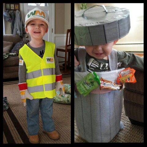 two pictures of a young boy wearing construction hats and holding candy bars in his hands