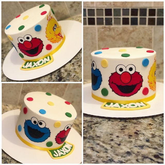 the cake is decorated with sesame street characters on it's sides and polka dots